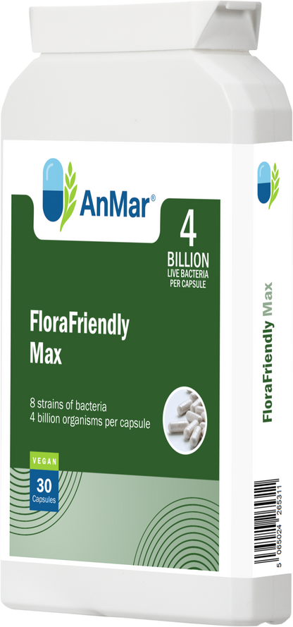 Angled right-side view of AnMar™ FloraFriendly Max probiotic supplement bottle showing 4 billion CFU per capsule with 8 strains, 30 vegan capsules.