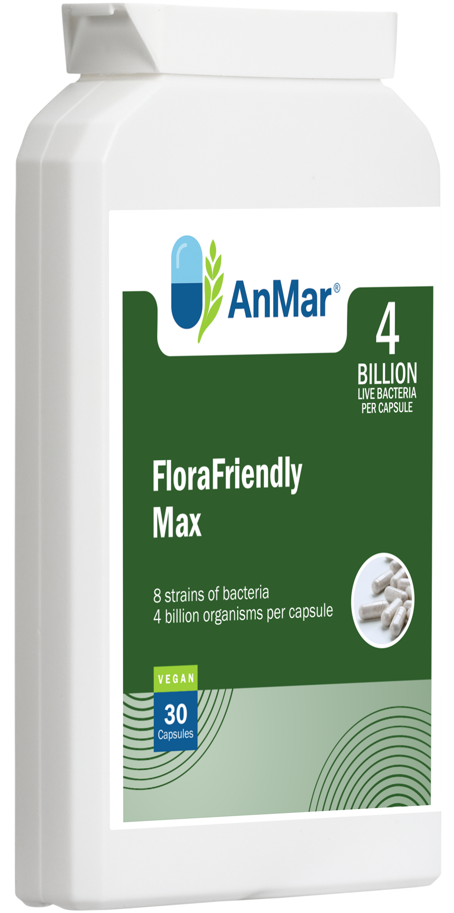 Angled front view of AnMar™ FloraFriendly Max supplement bottle featuring 4 billion live bacteria per capsule, with 8 probiotic strains and vegan label. 30 capsule pack.