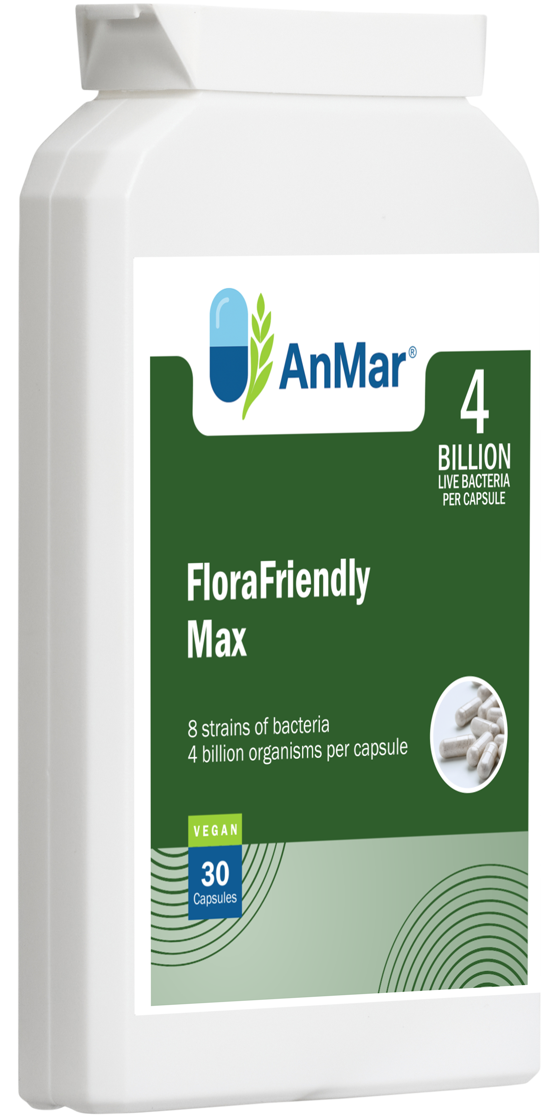 Angled front view of AnMar™ FloraFriendly Max supplement bottle featuring 4 billion live bacteria per capsule, with 8 probiotic strains and vegan label. 30 capsule pack.