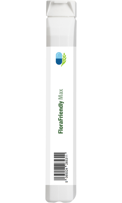 Side view of AnMar™ FloraFriendly Max probiotic supplement bottle showing vertical barcode and slim white packaging.