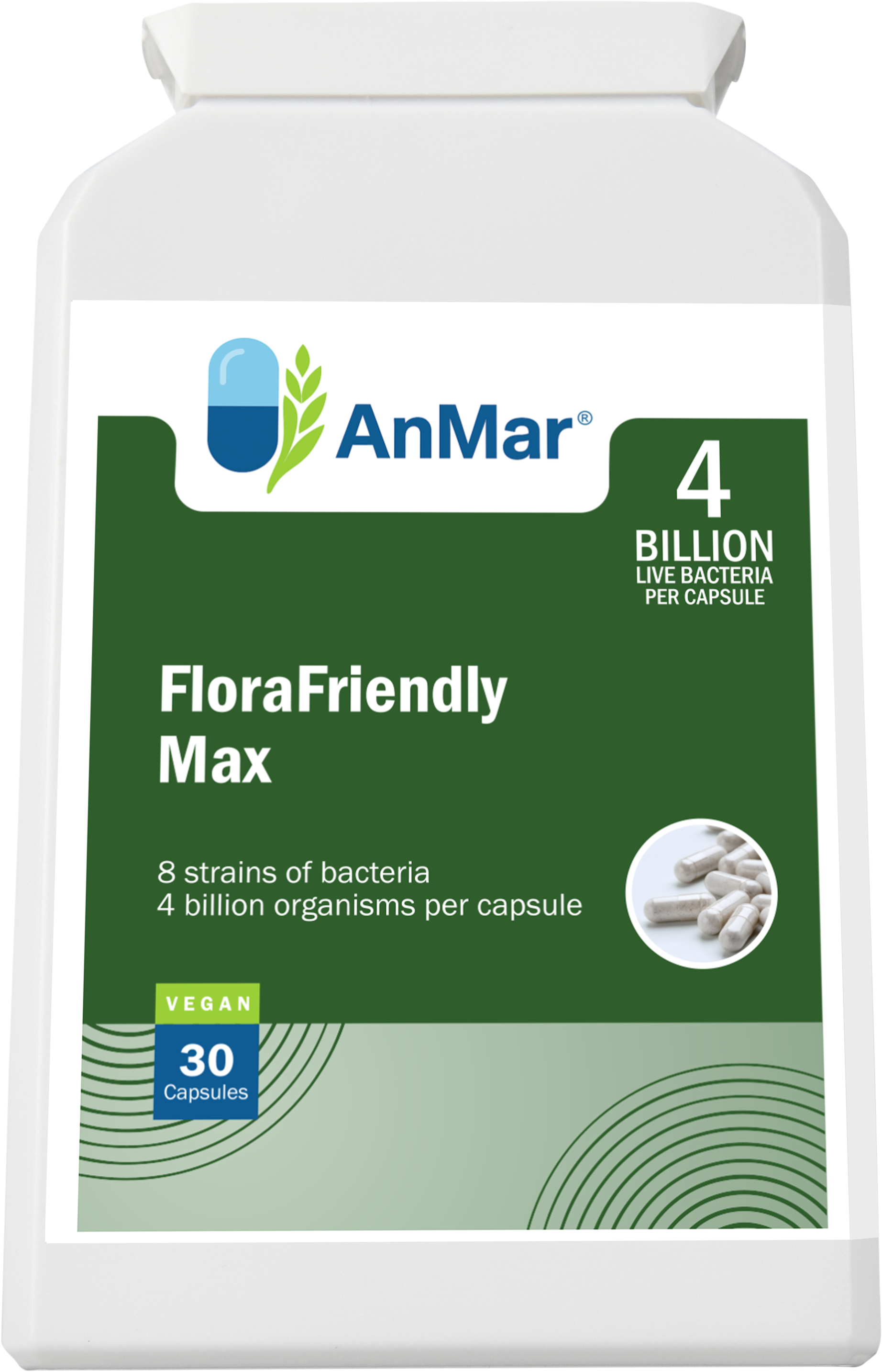 Flat front image of AnMar™ FloraFriendly Max bottle featuring 4 billion live bacteria per capsule and 8 probiotic strains. Vegan, 30 capsules.