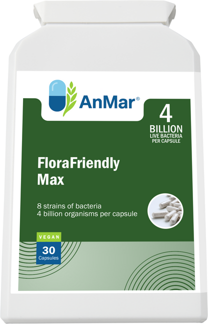 Flat front image of AnMar™ FloraFriendly Max bottle featuring 4 billion live bacteria per capsule and 8 probiotic strains. Vegan, 30 capsules.