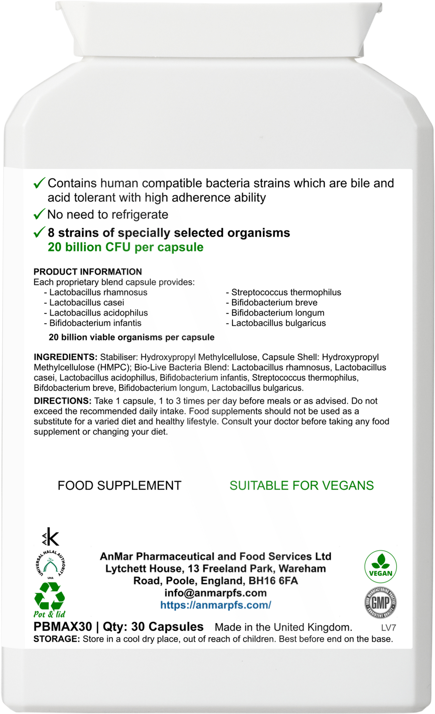 Back label of AnMar™ Flora Harmony+ showing ingredients, 8 probiotic strains including Lactobacillus and Bifidobacterium, and 20 billion CFU per capsule. Suitable for vegans.