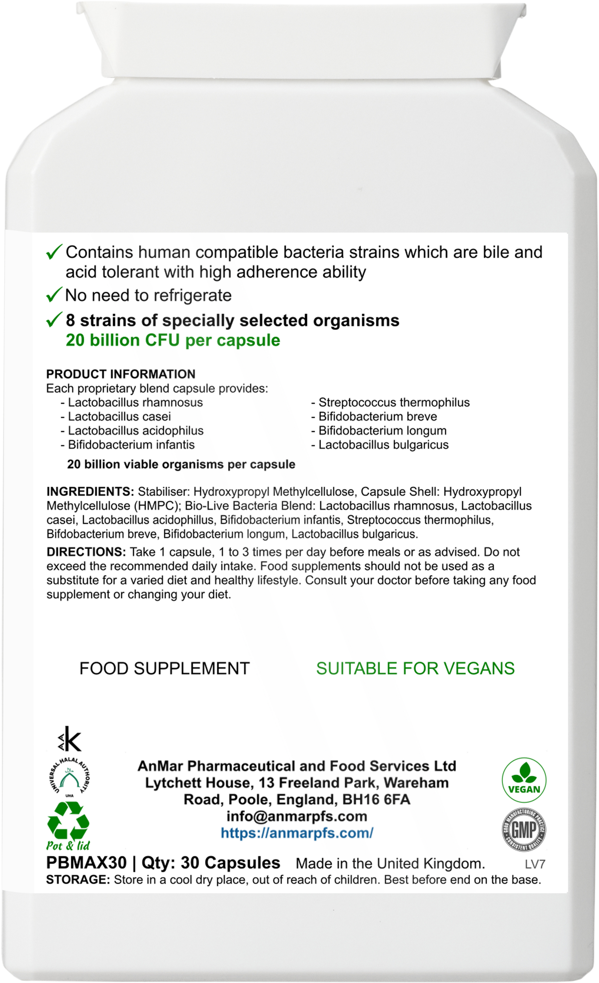 Back label of AnMar™ Flora Harmony+ showing ingredients, 8 probiotic strains including Lactobacillus and Bifidobacterium, and 20 billion CFU per capsule. Suitable for vegans.