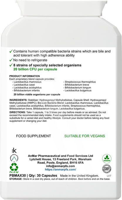 Back label of AnMar™ Flora Harmony+ showing ingredients, 8 probiotic strains including Lactobacillus and Bifidobacterium, and 20 billion CFU per capsule. Suitable for vegans.