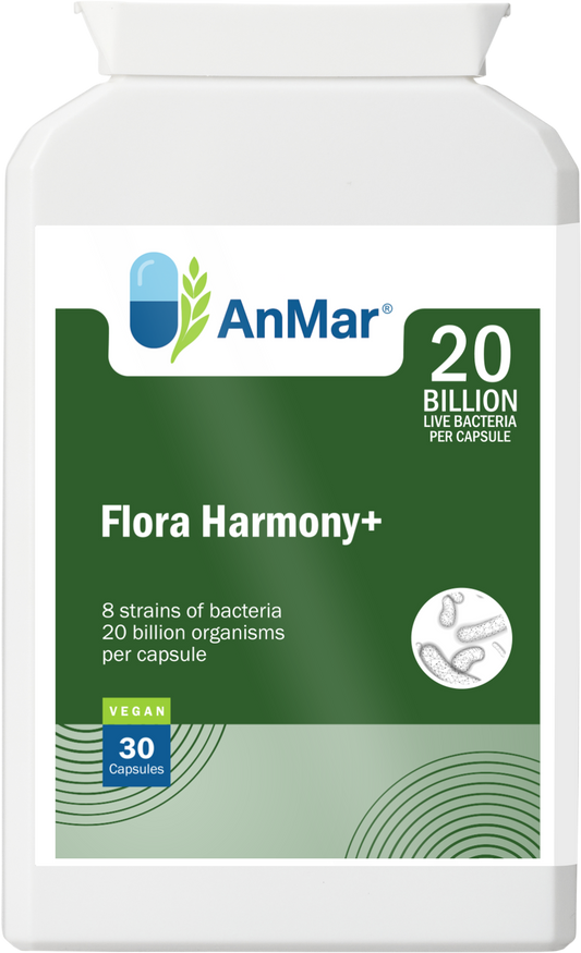 Front-facing image of AnMar™ Flora Harmony+ bottle, a vegan probiotic supplement with 8 strains and 20 billion live bacteria per capsule.