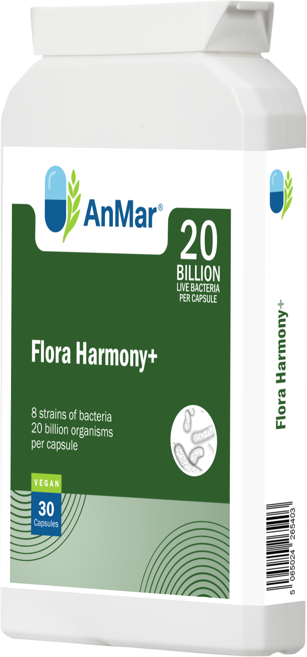 Right-angled front view of AnMar™ Flora Harmony+ bottle showing 8-strain vegan probiotic supplement with 20 billion live bacteria per capsule.