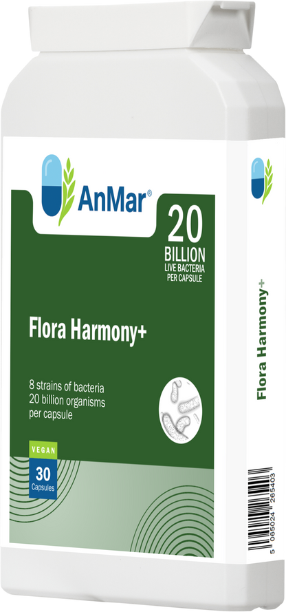 Right-angled front view of AnMar™ Flora Harmony+ bottle showing 8-strain vegan probiotic supplement with 20 billion live bacteria per capsule.