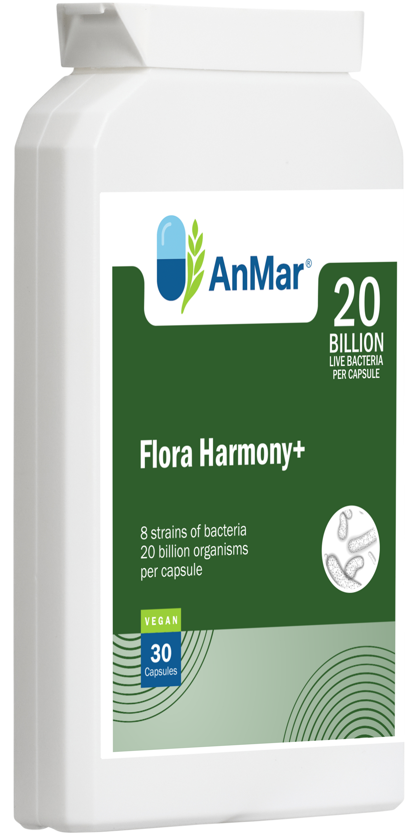 Angled front view of AnMar™ Flora Harmony+ bottle showing vegan probiotic formula with 8 live bacteria strains and 20 billion CFU per capsule.