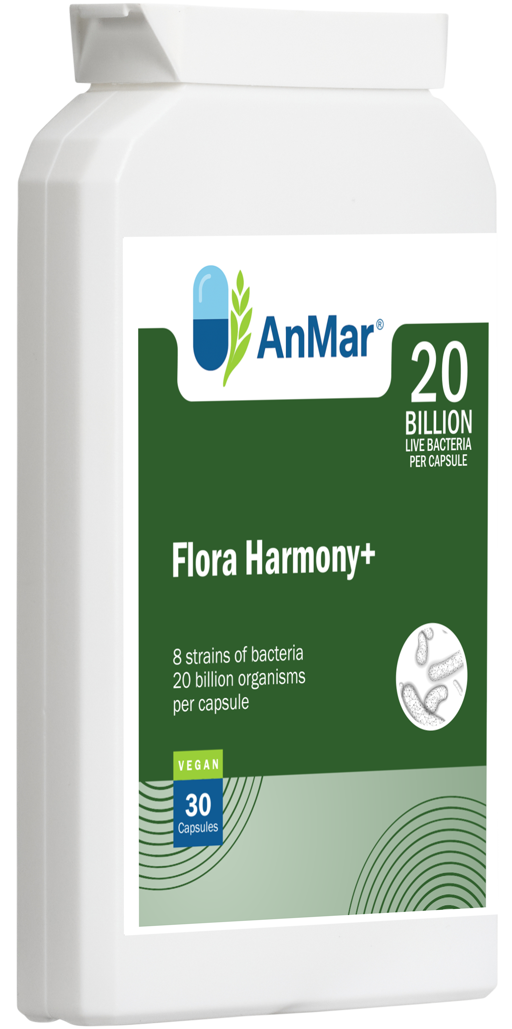Angled front view of AnMar™ Flora Harmony+ bottle showing vegan probiotic formula with 8 live bacteria strains and 20 billion CFU per capsule.