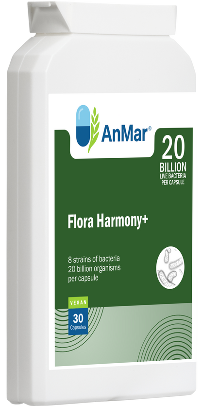 Angled front view of AnMar™ Flora Harmony+ bottle showing vegan probiotic formula with 8 live bacteria strains and 20 billion CFU per capsule.