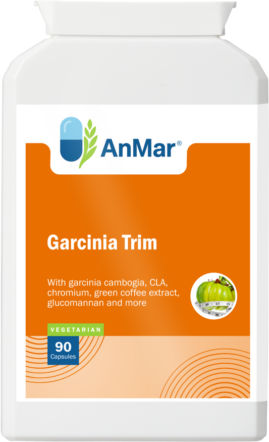 Front label of AnMar™ Garcinia Trim bottle highlighting garcinia cambogia, CLA, chromium, green coffee extract, and glucomannan blend.