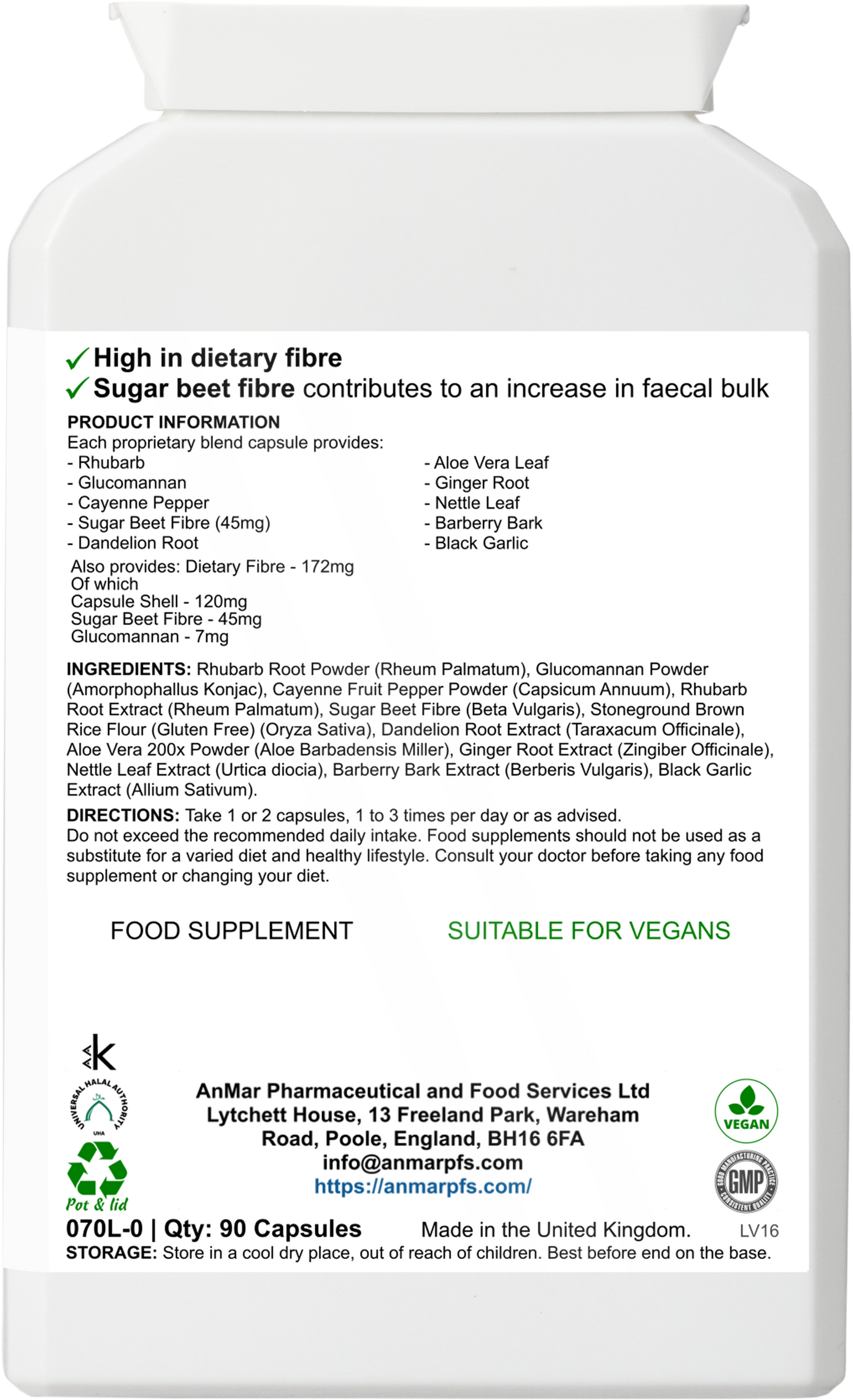 Back label of AnMar™ GentleLax showing ingredients including sugar beet fibre, glucomannan, rhubarb, dandelion, aloe vera, and usage directions for digestive health support.