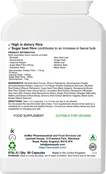 Back label of AnMar™ GentleLax showing ingredients including sugar beet fibre, glucomannan, rhubarb, dandelion, aloe vera, and usage directions for digestive health support.