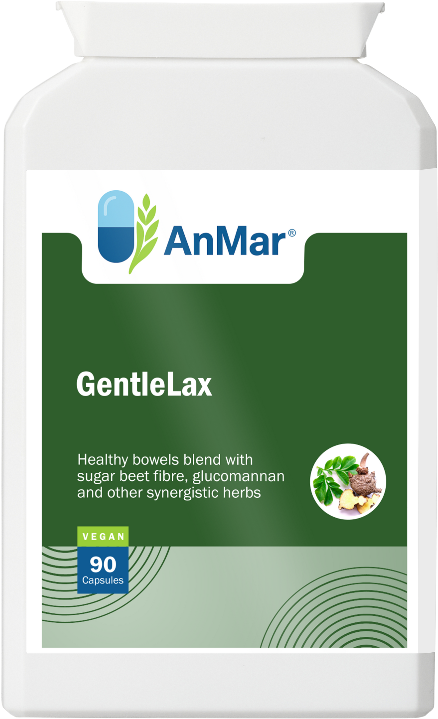 Front view of AnMar™ GentleLax supplement bottle with vegan label and herbal bowel support blend graphic.