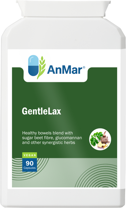 Front view of AnMar™ GentleLax supplement bottle with vegan label and herbal bowel support blend graphic.