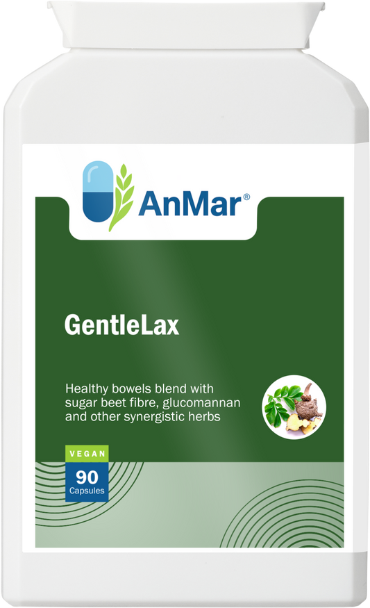 Front view of AnMar™ GentleLax supplement bottle with vegan label and herbal bowel support blend graphic.