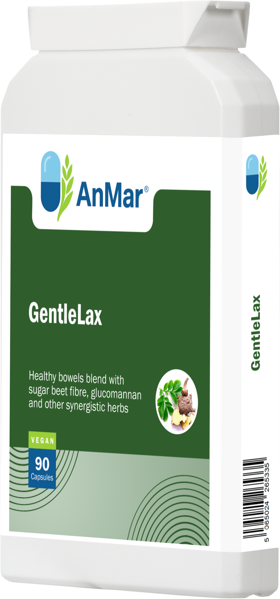 Angled view of AnMar™ GentleLax supplement bottle with label showing it supports healthy bowels using sugar beet fibre, glucomannan, and synergistic herbs.