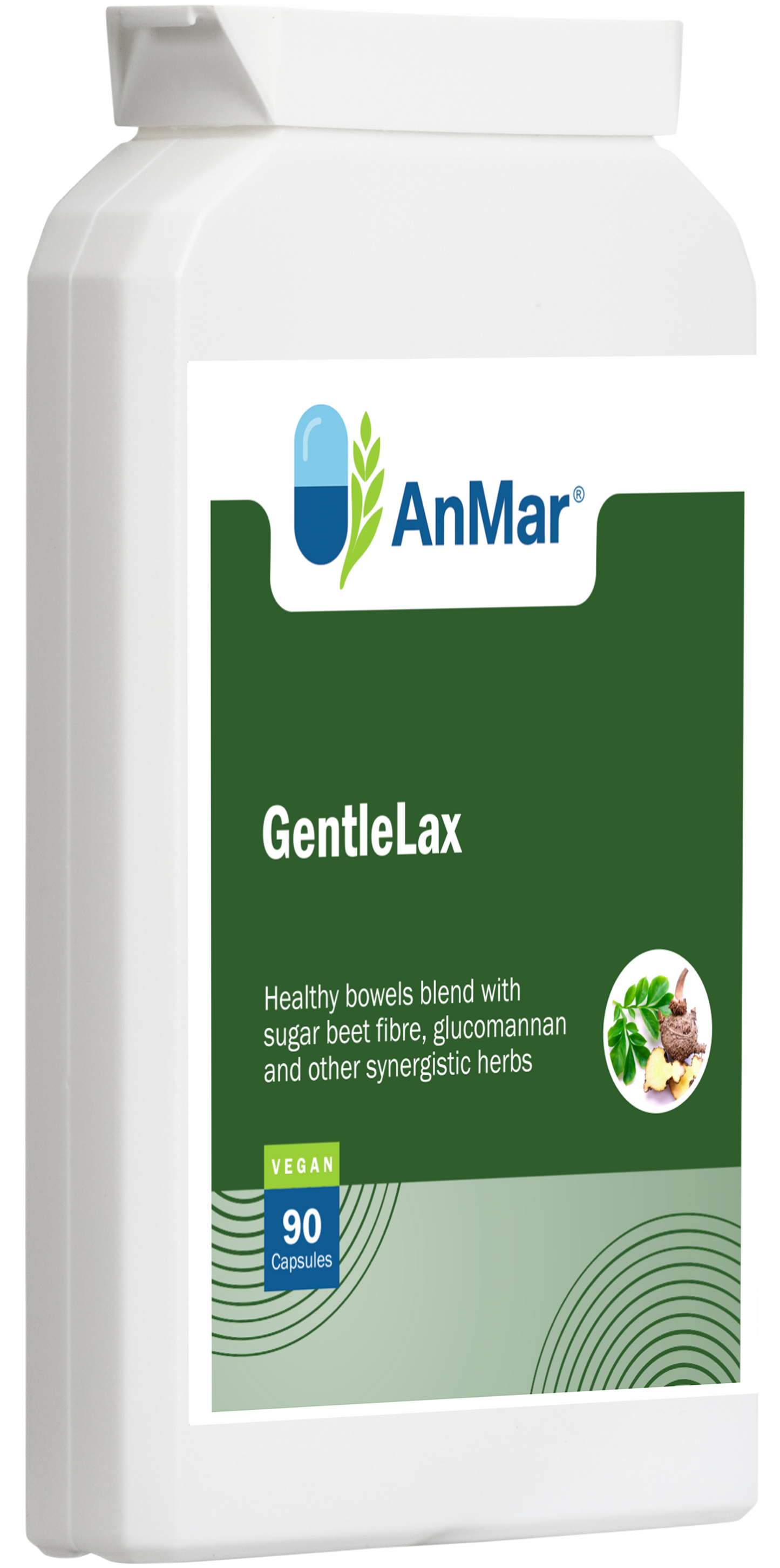 Angled front view of AnMar™ GentleLax bottle featuring vegan bowel support supplement with sugar beet fibre and herbs.