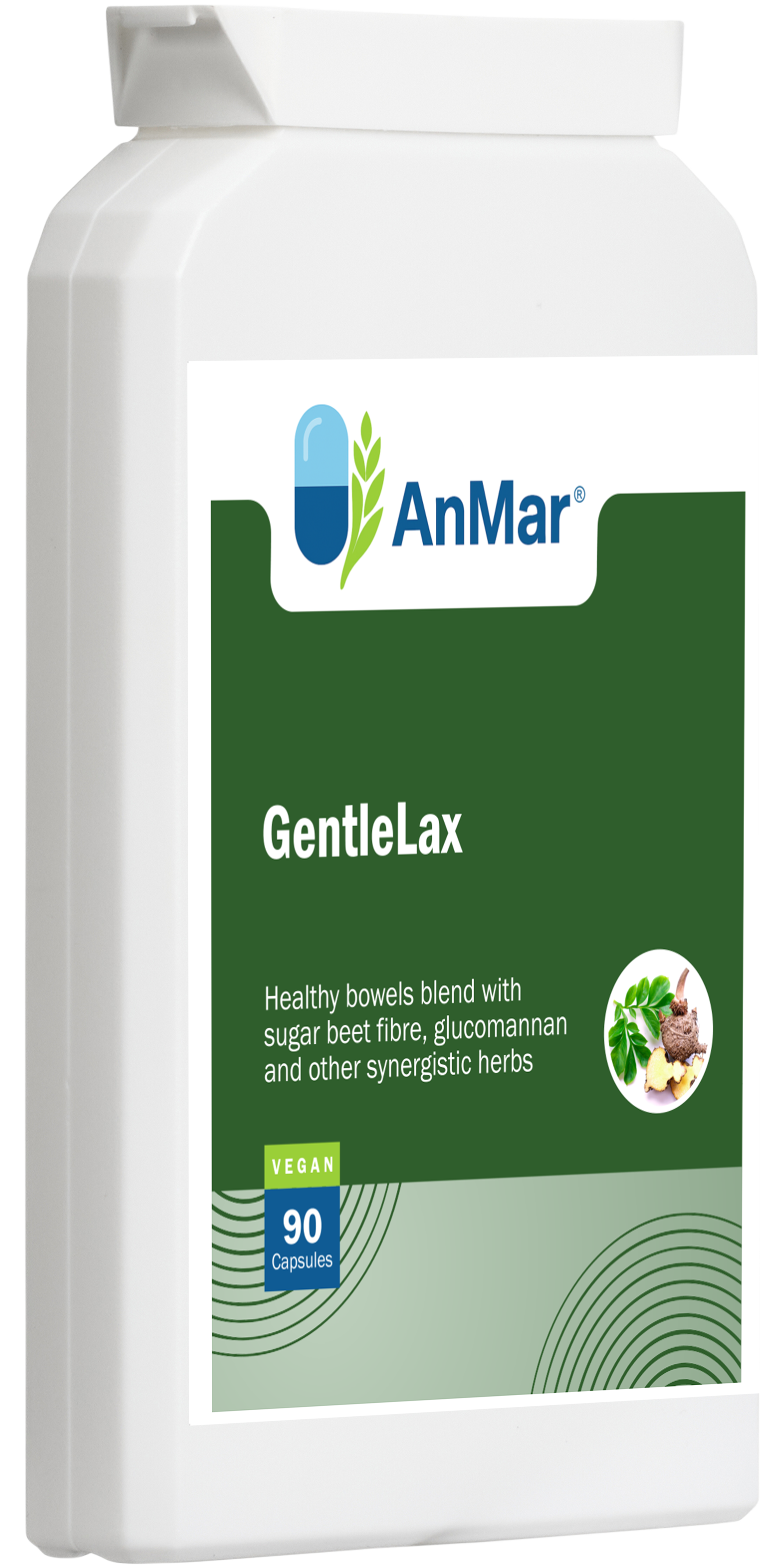 Angled front view of AnMar™ GentleLax bottle featuring vegan bowel support supplement with sugar beet fibre and herbs.