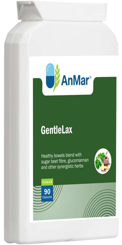 Angled front view of AnMar™ GentleLax bottle featuring vegan bowel support supplement with sugar beet fibre and herbs.