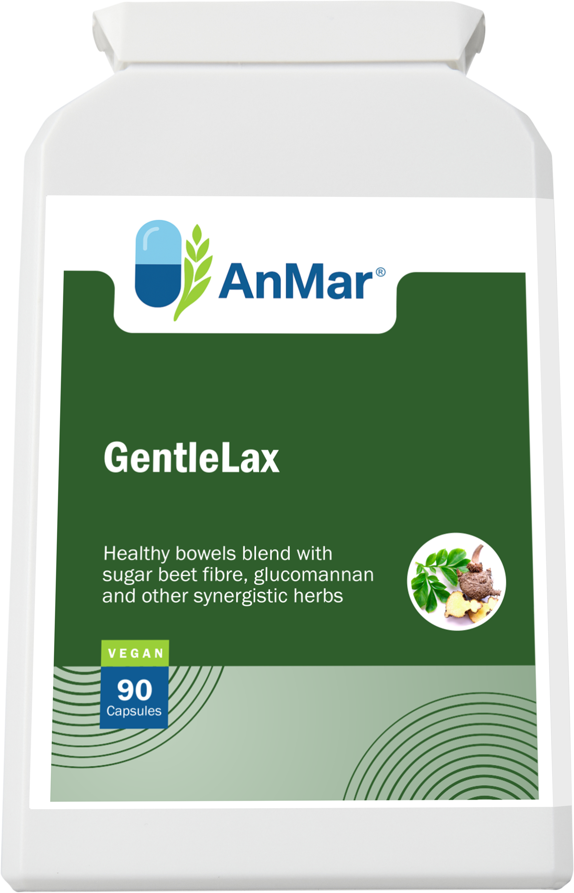 Front view of AnMar™ GentleLax bottle containing 90 vegan capsules, featuring a digestive support formula with sugar beet fibre, glucomannan, and herbs.