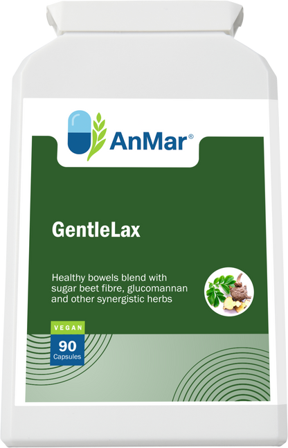Front view of AnMar™ GentleLax bottle containing 90 vegan capsules, featuring a digestive support formula with sugar beet fibre, glucomannan, and herbs.