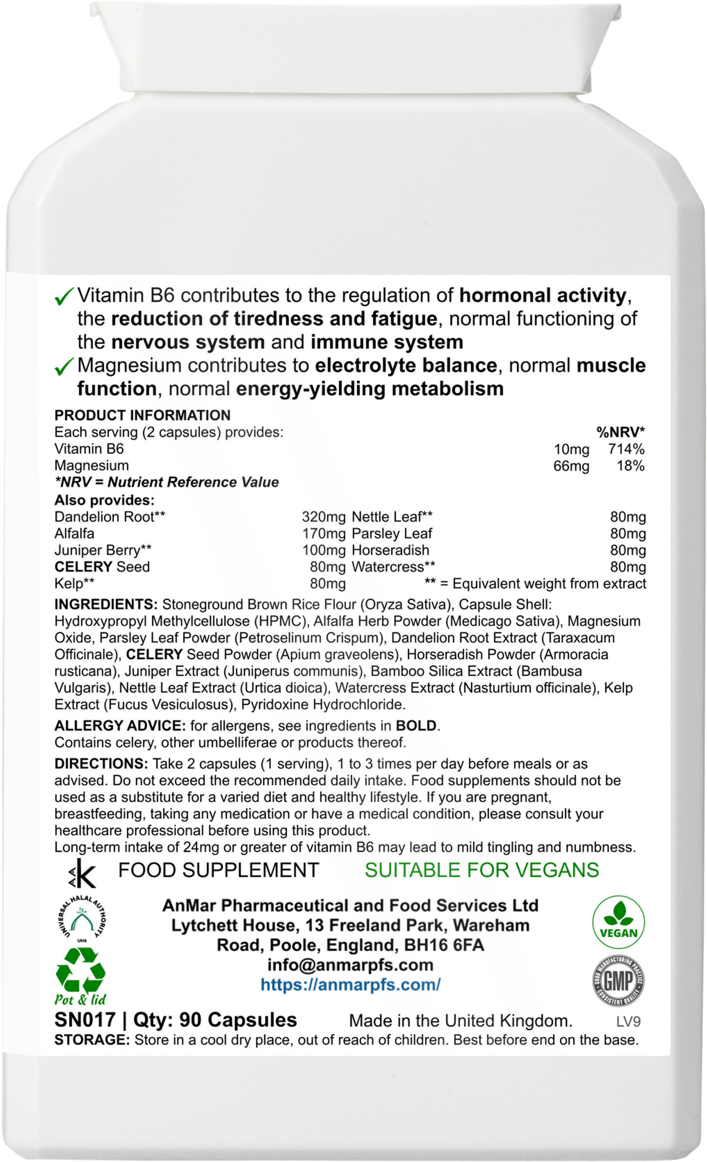 Back label of AnMar™ HydraBalance supplement showing nutritional information, ingredients, usage directions, and allergy advice. Contains herbal extracts, vitamin B6, and magnesium.