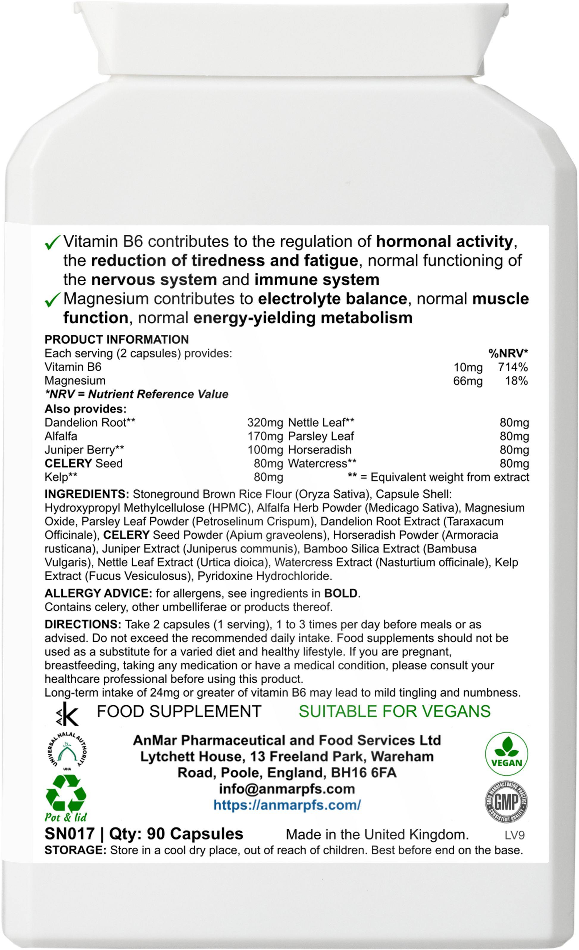 Back label of AnMar™ HydraBalance supplement showing nutritional information, ingredients, usage directions, and allergy advice. Contains herbal extracts, vitamin B6, and magnesium.