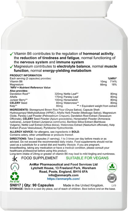 Back label of AnMar™ HydraBalance supplement showing nutritional information, ingredients, usage directions, and allergy advice. Contains herbal extracts, vitamin B6, and magnesium.