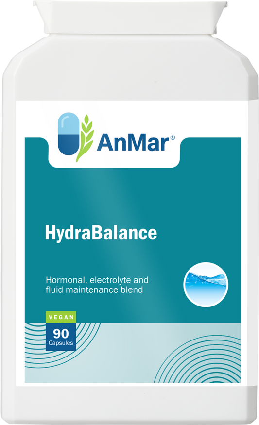 Front view of AnMar™ HydraBalance supplement bottle featuring branding, product name, and label highlights including hormonal, electrolyte, and fluid maintenance support. Contains 90 vegan capsules.