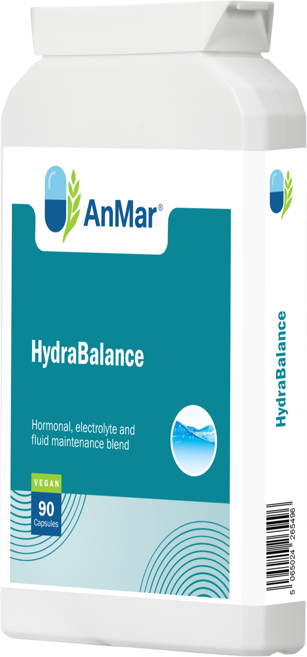 Right side angle of AnMar™ HydraBalance supplement bottle highlighting the front label and barcode, with emphasis on vegan certification and fluid maintenance support.