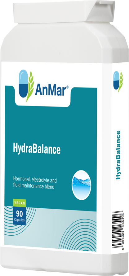 Right side angle of AnMar™ HydraBalance supplement bottle highlighting the front label and barcode, with emphasis on vegan certification and fluid maintenance support.