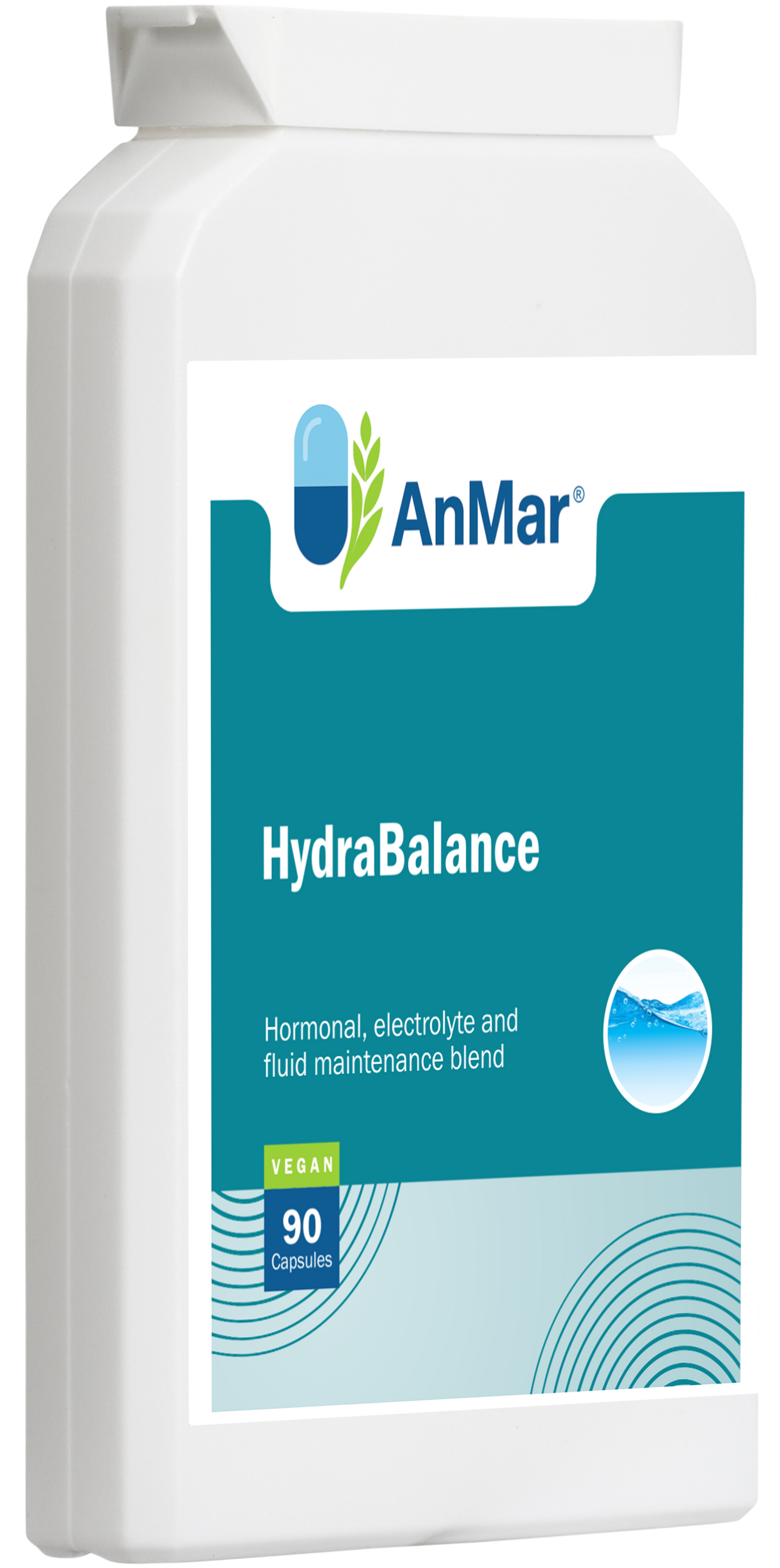 Angled side view of AnMar™ HydraBalance supplement bottle showing the front label with branding, vegan certification, and product details for hormonal, electrolyte, and fluid maintenance.