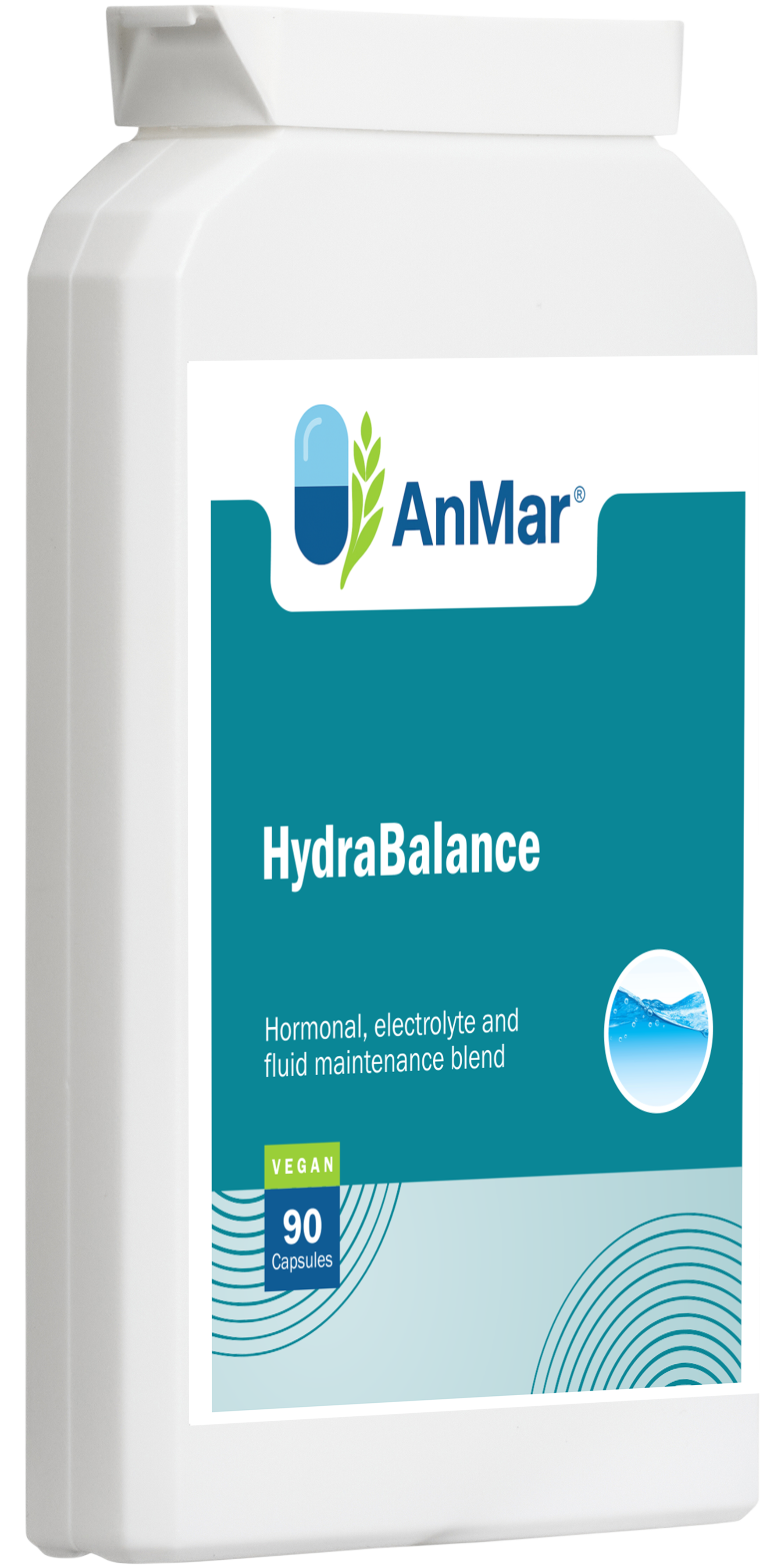 Angled side view of AnMar™ HydraBalance supplement bottle showing the front label with branding, vegan certification, and product details for hormonal, electrolyte, and fluid maintenance.