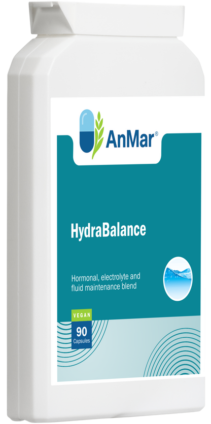 Angled side view of AnMar™ HydraBalance supplement bottle showing the front label with branding, vegan certification, and product details for hormonal, electrolyte, and fluid maintenance.