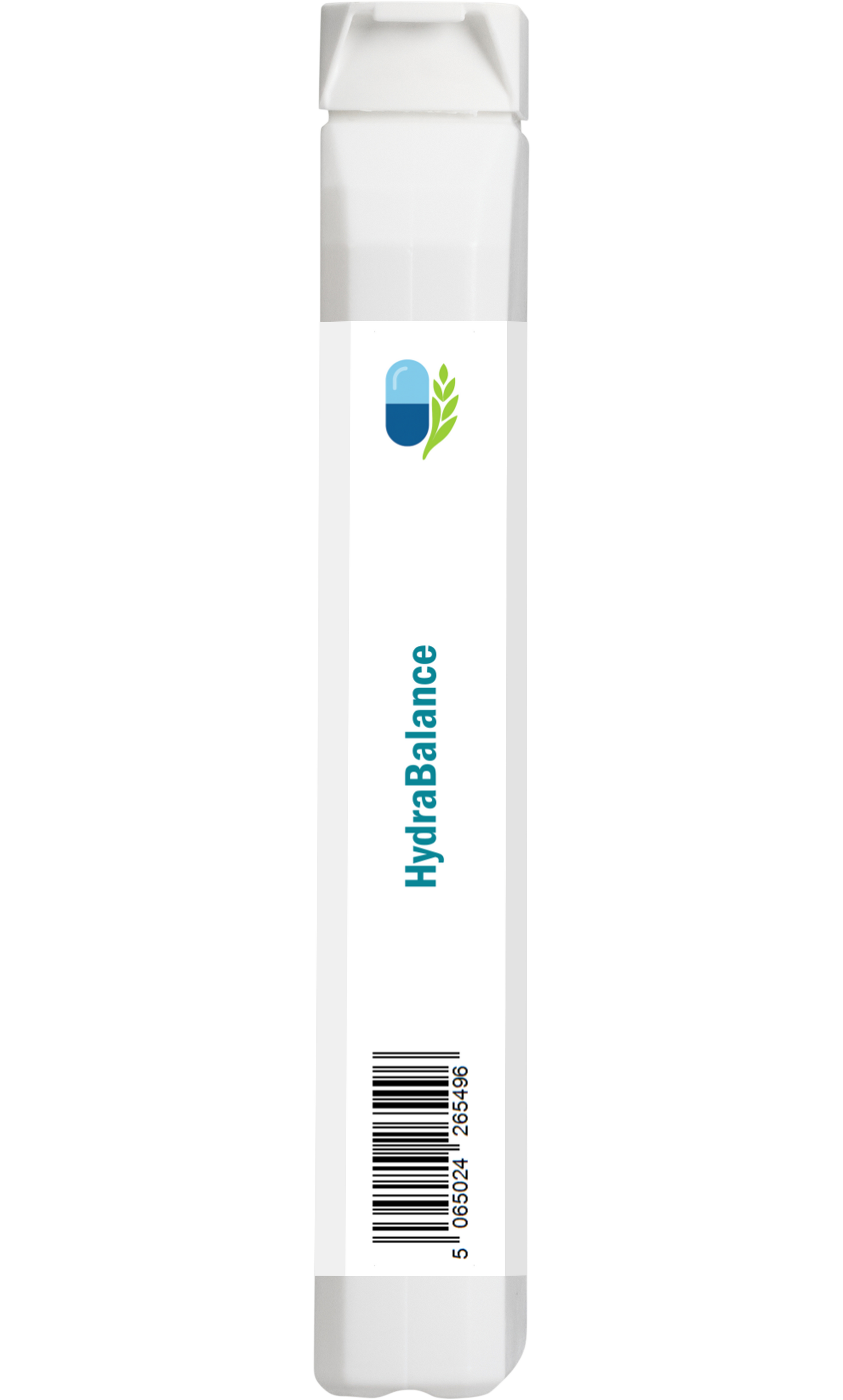 Side view of AnMar™ HydraBalance supplement bottle showing slim profile and barcode, with blank white label space for regulatory or retail information.
