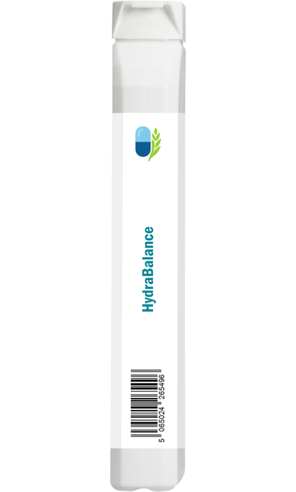 Side view of AnMar™ HydraBalance supplement bottle showing slim profile and barcode, with blank white label space for regulatory or retail information.