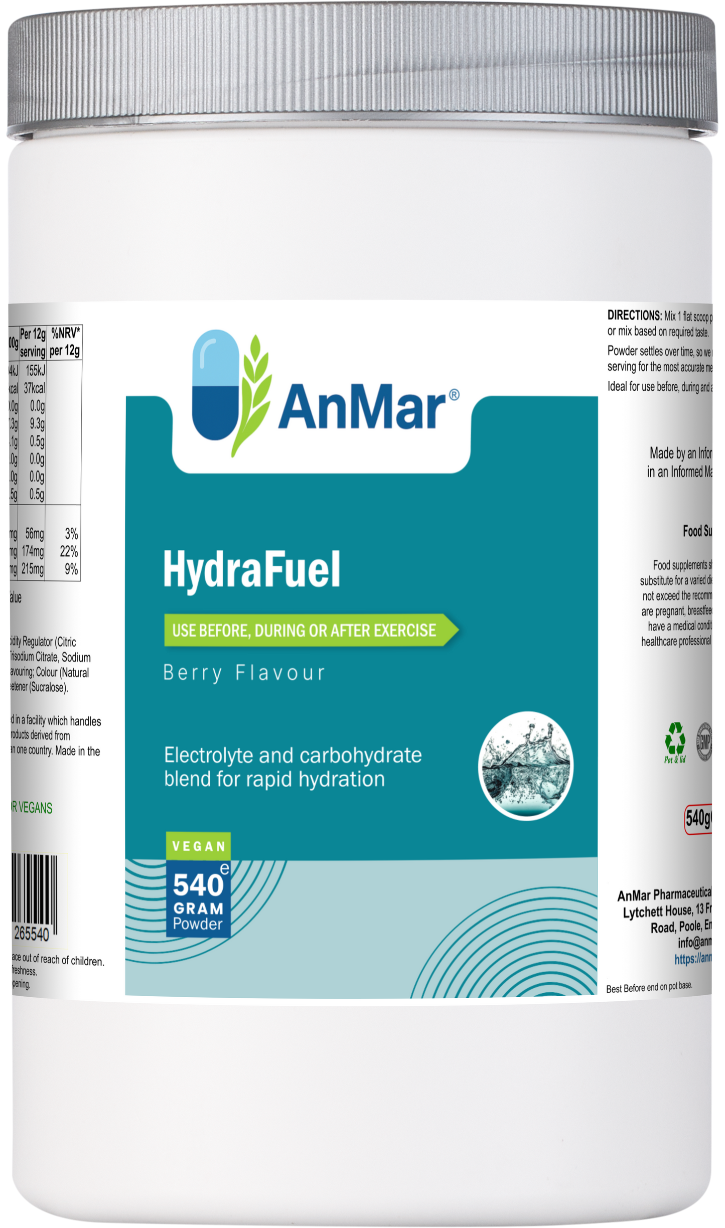 Front of AnMar™ HydraFuel 540g tub showing product name, berry flavour, usage guidance, and hydration blend branding.