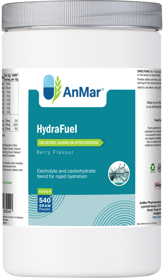 Front of AnMar™ HydraFuel 540g tub showing product name, berry flavour, usage guidance, and hydration blend branding.