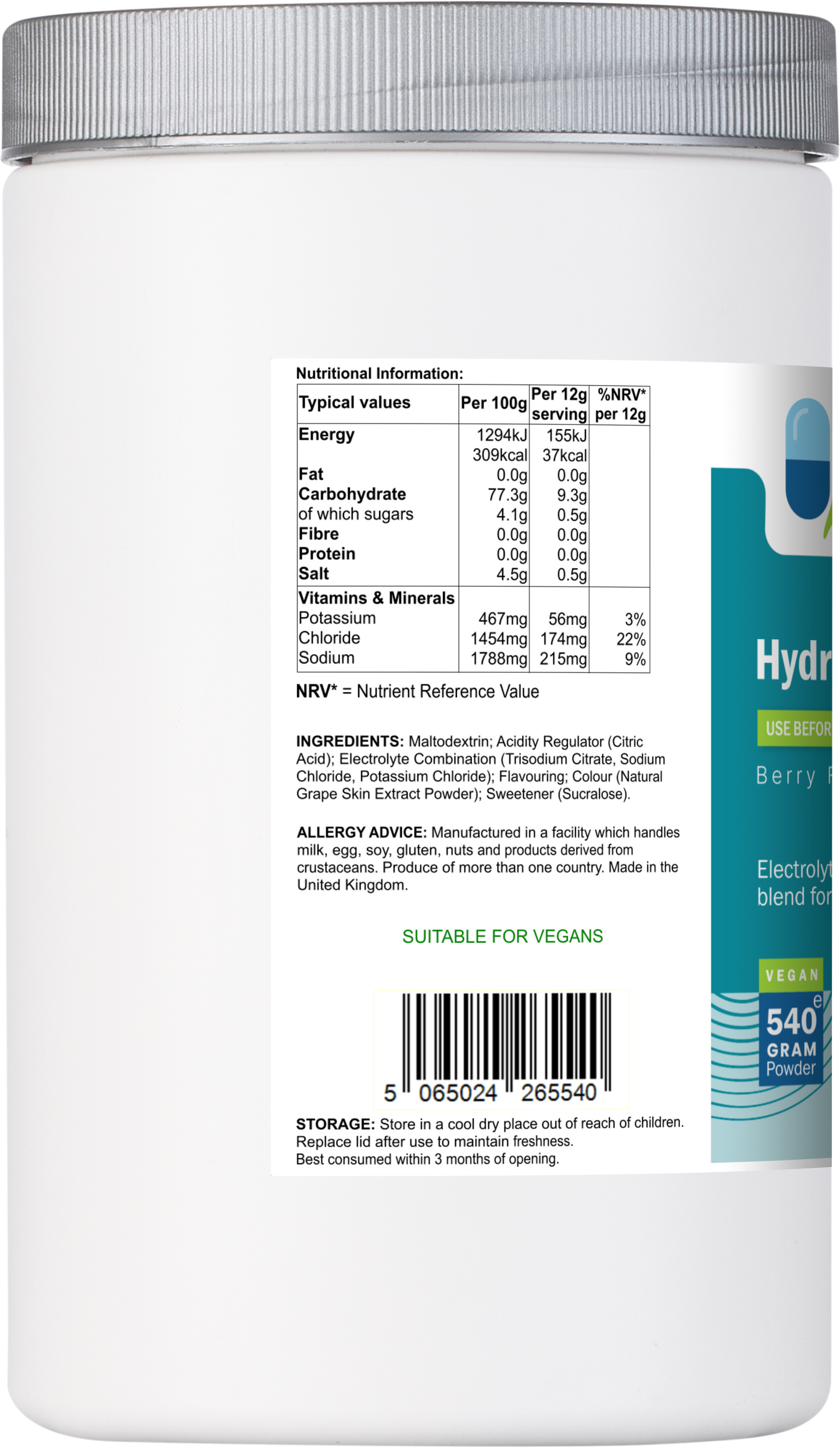 Side label of AnMar™ HydraFuel 540g tub displaying nutritional values, ingredients, allergens, and vegan suitability.