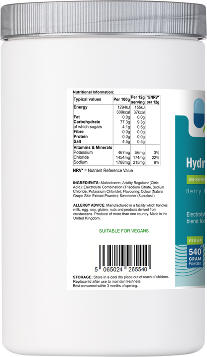 Side label of AnMar™ HydraFuel 540g tub displaying nutritional values, ingredients, allergens, and vegan suitability.