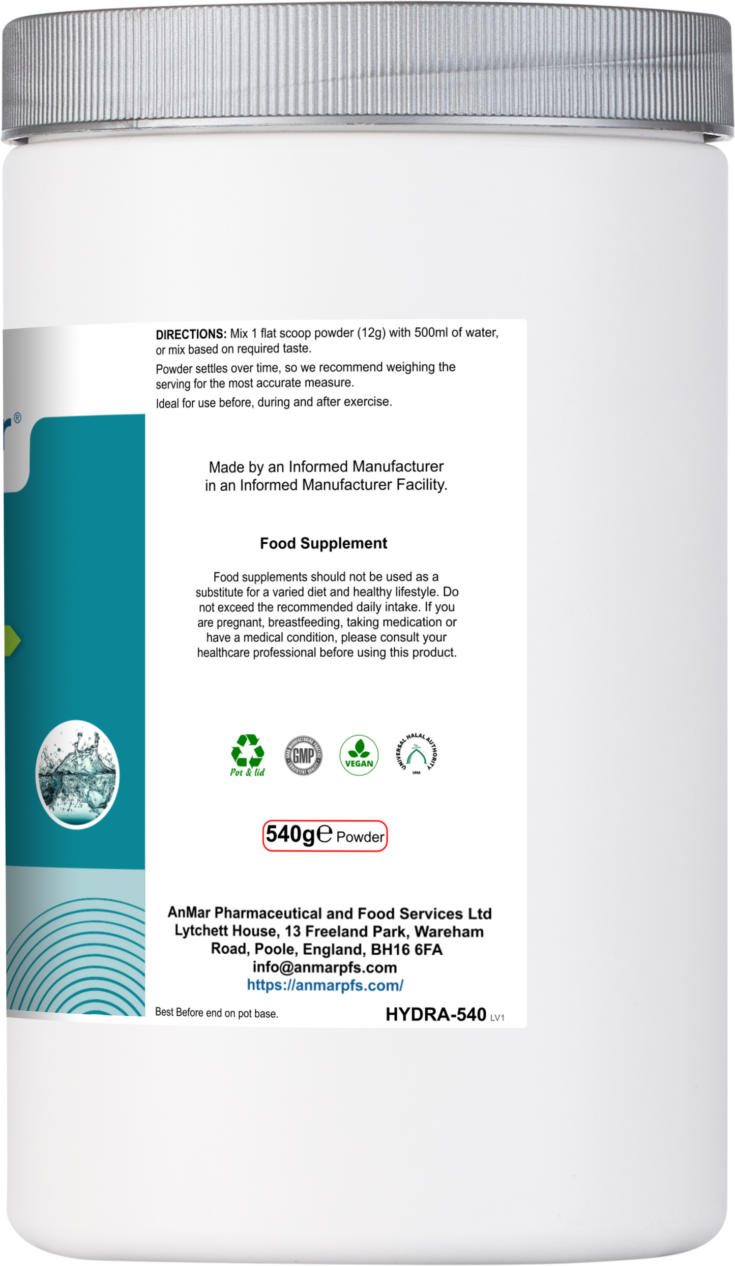 Back of AnMar™ HydraFuel 540g tub showing usage directions, manufacturer details, supplement disclaimer, and certifications.