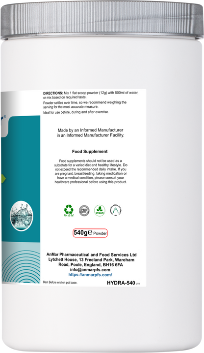 Back of AnMar™ HydraFuel 540g tub showing usage directions, manufacturer details, supplement disclaimer, and certifications.
