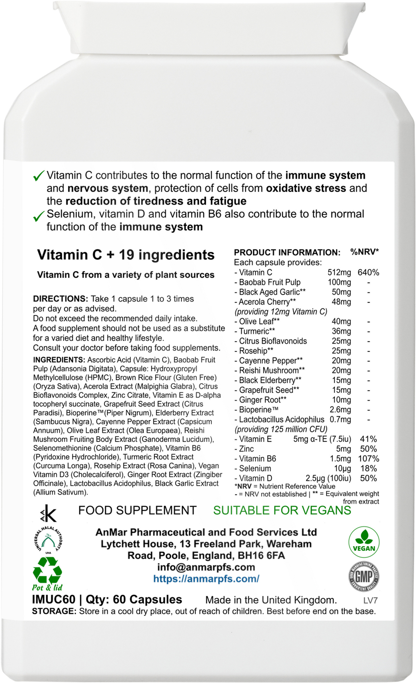 Back label of AnMar™ ImmuneCore+ supplement bottle showing vitamin C complex with 19 ingredients including herbs, probiotics, and essential nutrients. Lists directions, ingredients, and nutrition information for 60 vegan capsules.