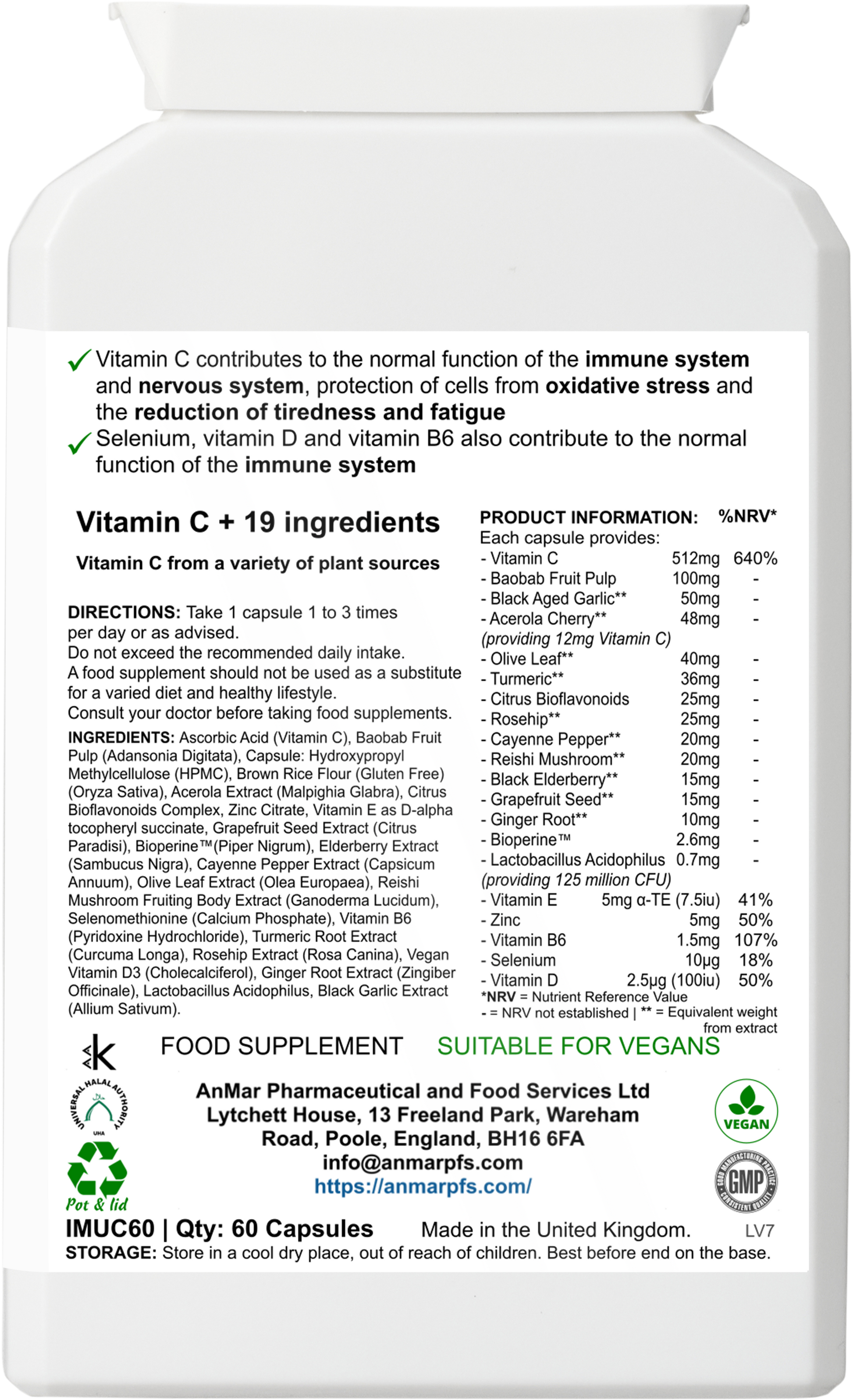 Back label of AnMar™ ImmuneCore+ supplement bottle showing vitamin C complex with 19 ingredients including herbs, probiotics, and essential nutrients. Lists directions, ingredients, and nutrition information for 60 vegan capsules.