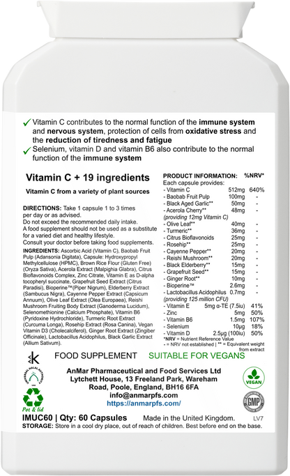 Back label of AnMar™ ImmuneCore+ supplement bottle showing vitamin C complex with 19 ingredients including herbs, probiotics, and essential nutrients. Lists directions, ingredients, and nutrition information for 60 vegan capsules.