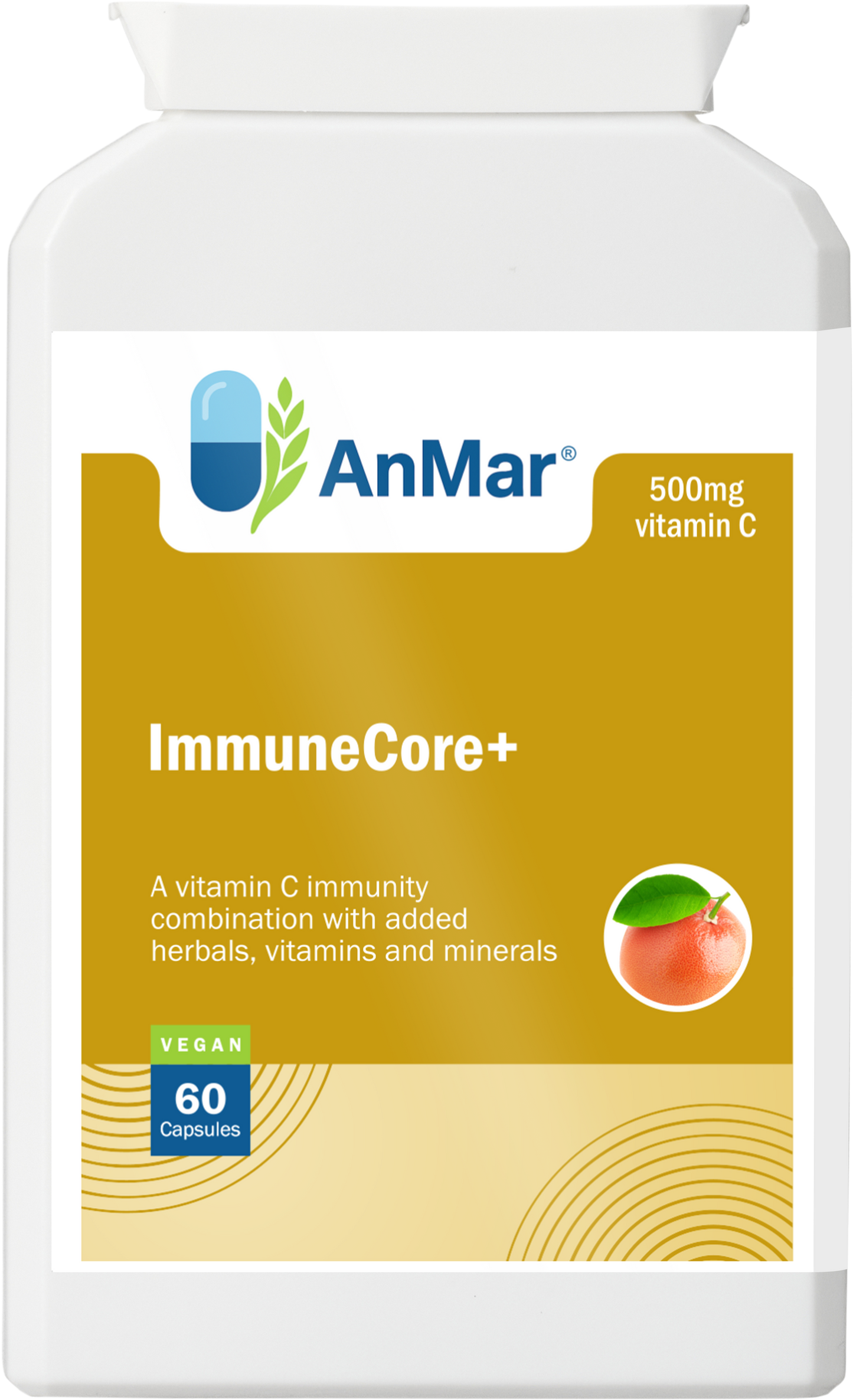 Front view of AnMar™ ImmuneCore+ supplement bottle showing 500mg vitamin C blend with added herbs, vitamins, and minerals for immune support. Contains 60 vegan capsules.