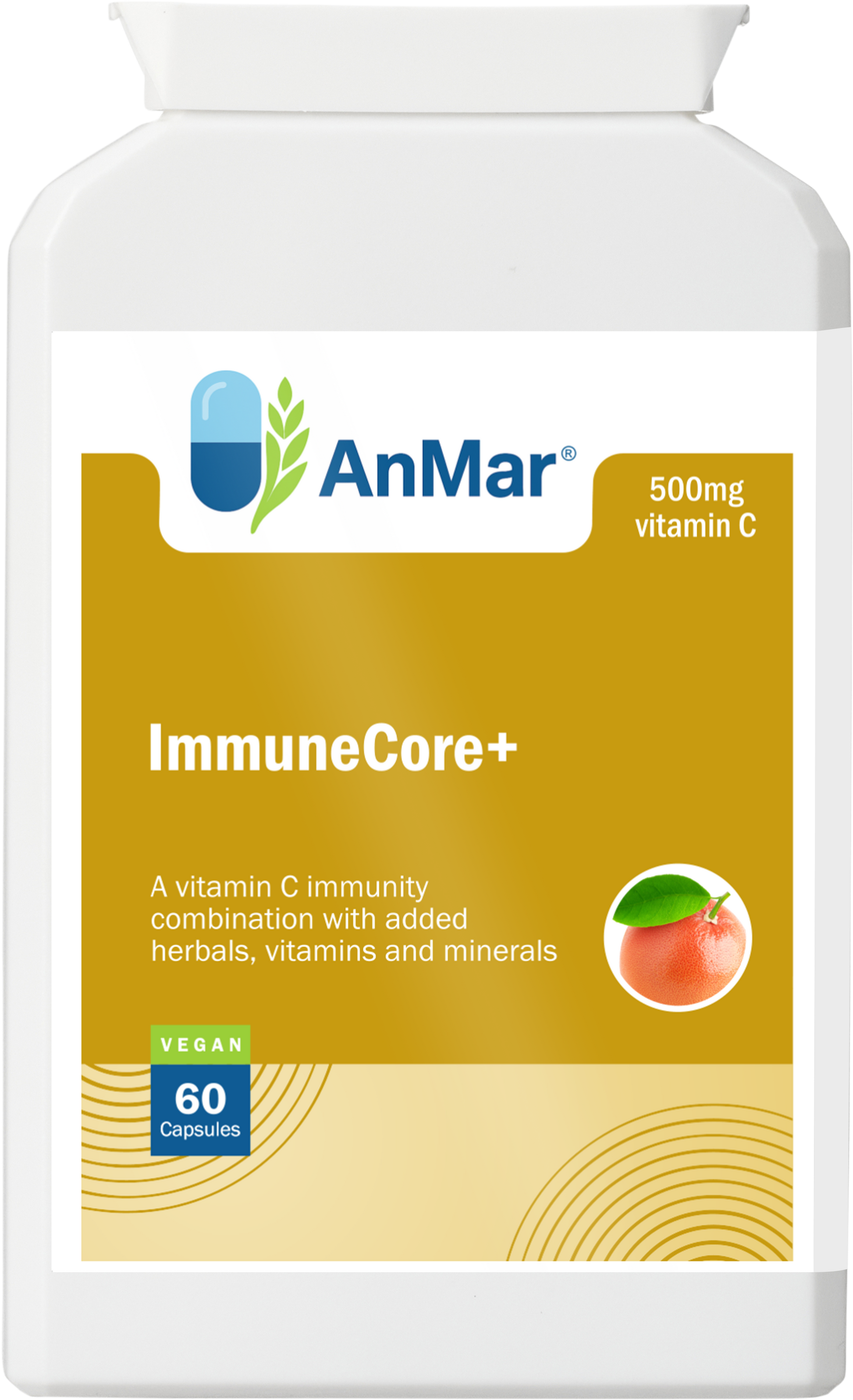 Front view of AnMar™ ImmuneCore+ supplement bottle showing 500mg vitamin C blend with added herbs, vitamins, and minerals for immune support. Contains 60 vegan capsules.