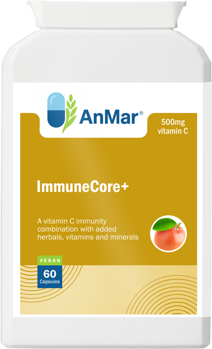 Front view of AnMar™ ImmuneCore+ supplement bottle showing 500mg vitamin C blend with added herbs, vitamins, and minerals for immune support. Contains 60 vegan capsules.